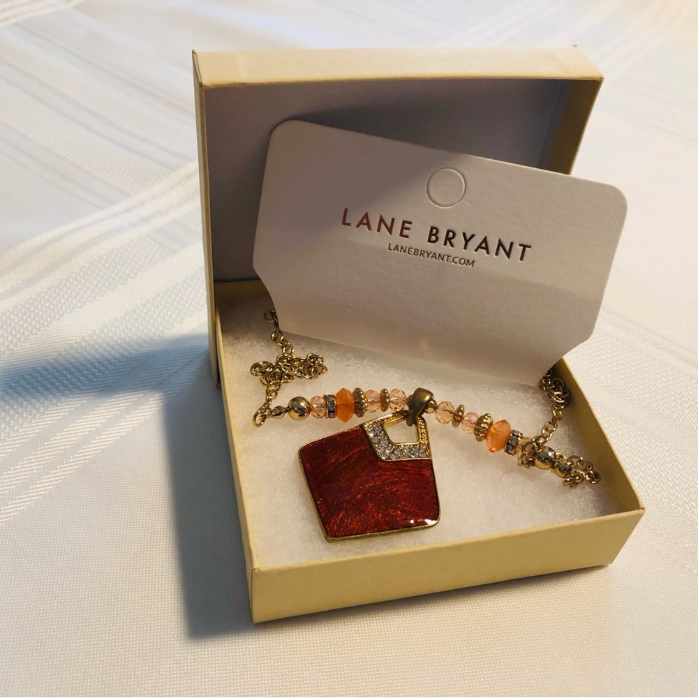 New Lane Bryant Red Square Pendant Necklace with Gold Chain